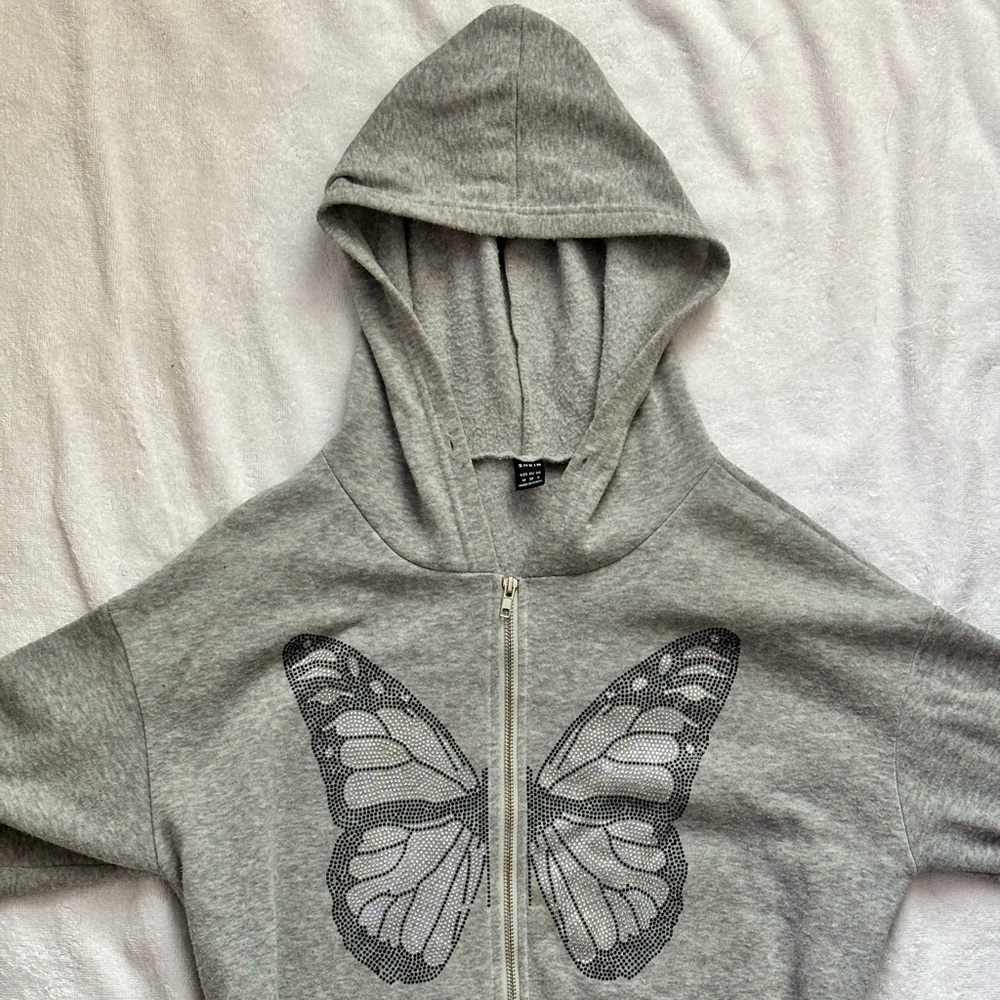 Grey Zip Up Jacket With Rhinestones USED - Medium  
- Butterfly Shape